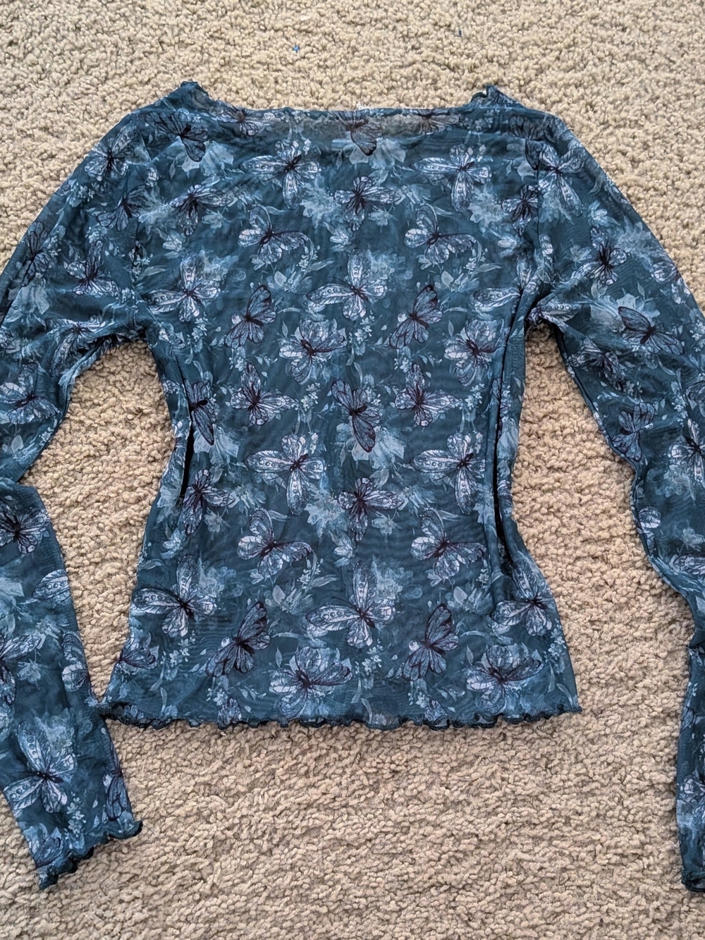 Women's Teal Floral Long-Sleeve Mesh Top